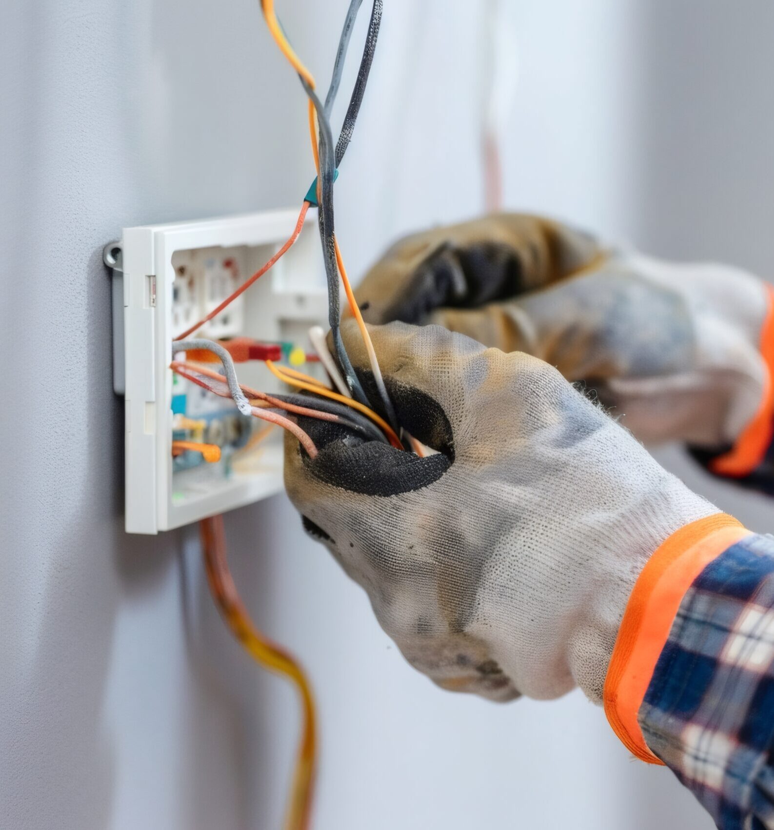 Electrician in safety gloves connecting colorful wires into a wall mounted switchbox, ensuring power and safety during installation