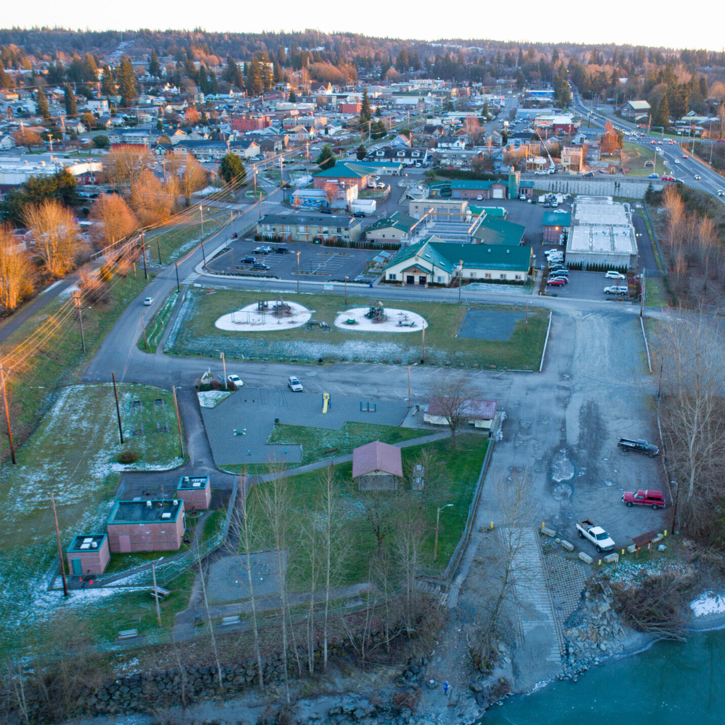 City of Arlington, Washington United States Aerial Perspective View on a Cold Winter Day at Sunset