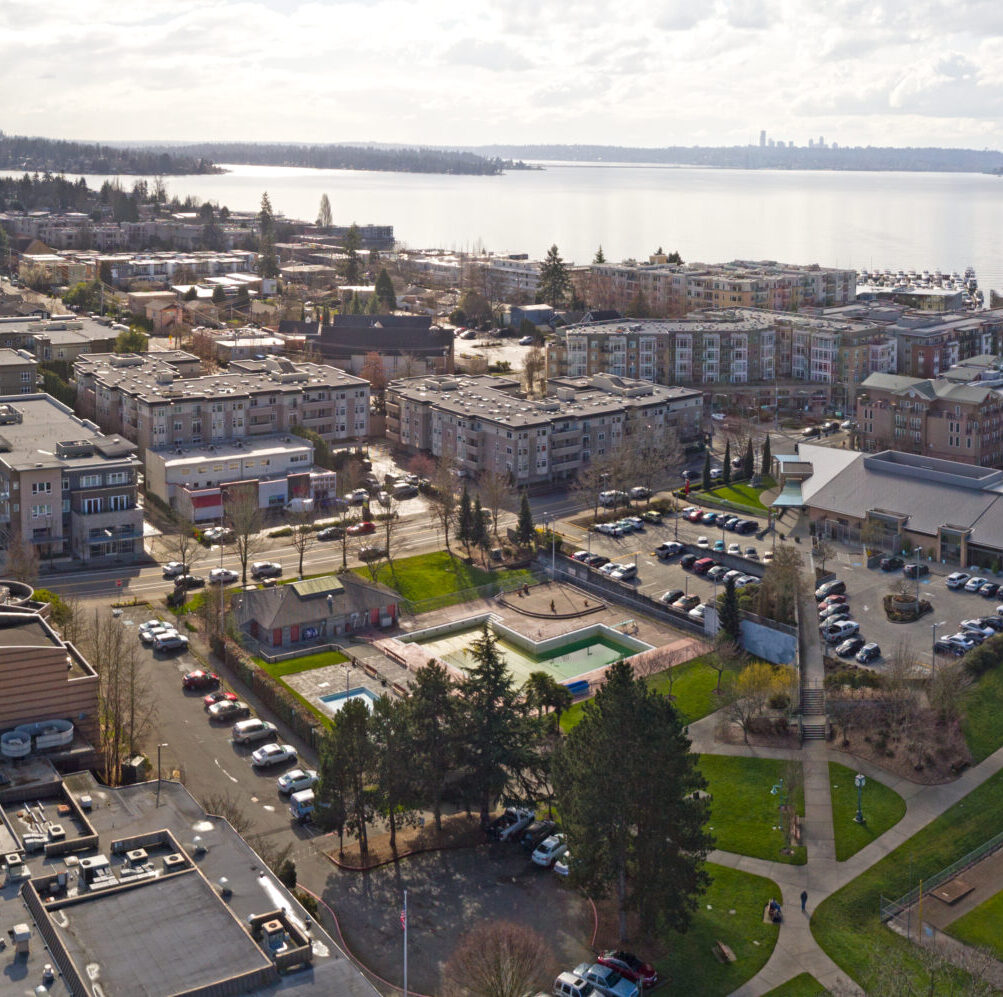 Kirkland Washington Downtown Aerial Panoramic View Looking Toward Lake Washington Seattle Skyline