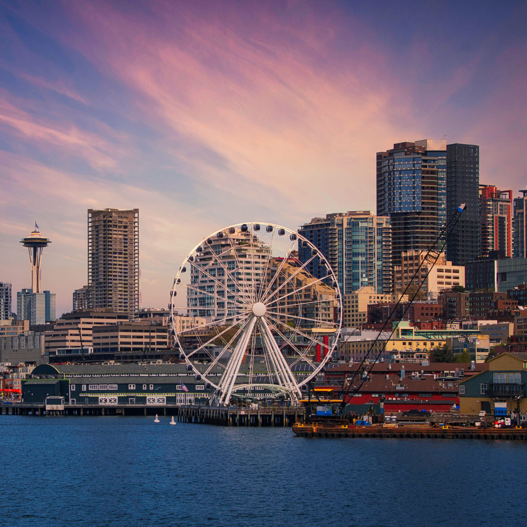 2020-04-18 DOWNTOWN SEATTLE'S WATERFRONT WITH THE SPACE NEEDLE AND GREAT WHEEL