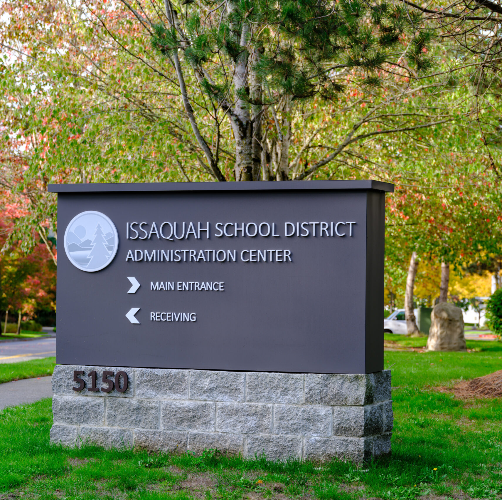 The sign for the Issaquah School District Administration Center in Issaquah, Washington, USA