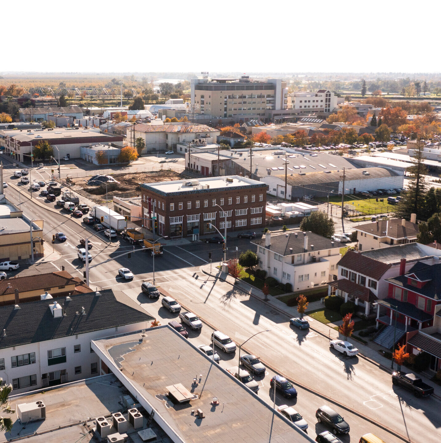 Afternoon aerial view the downtown area and surrounding neighborhoods of Marysville, California, USA.