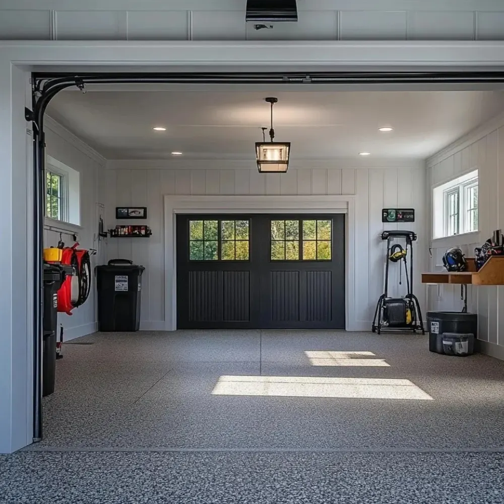 Bright clean garage with recessed ceiling lights and a pendant fixture set up as a home gym space in Lynnwood